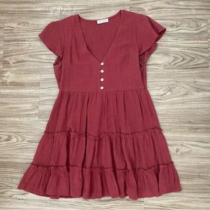 Dark red/maroon short sleeve button front tiered sundress